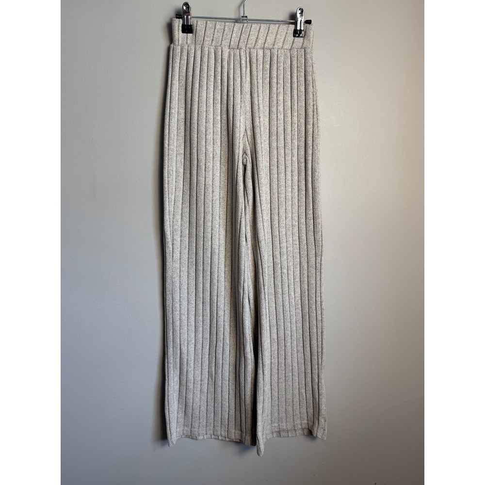 Cozy Womens Beige Ribbed Knit Wide Leg Pants S Loungewear Minimalist Shein